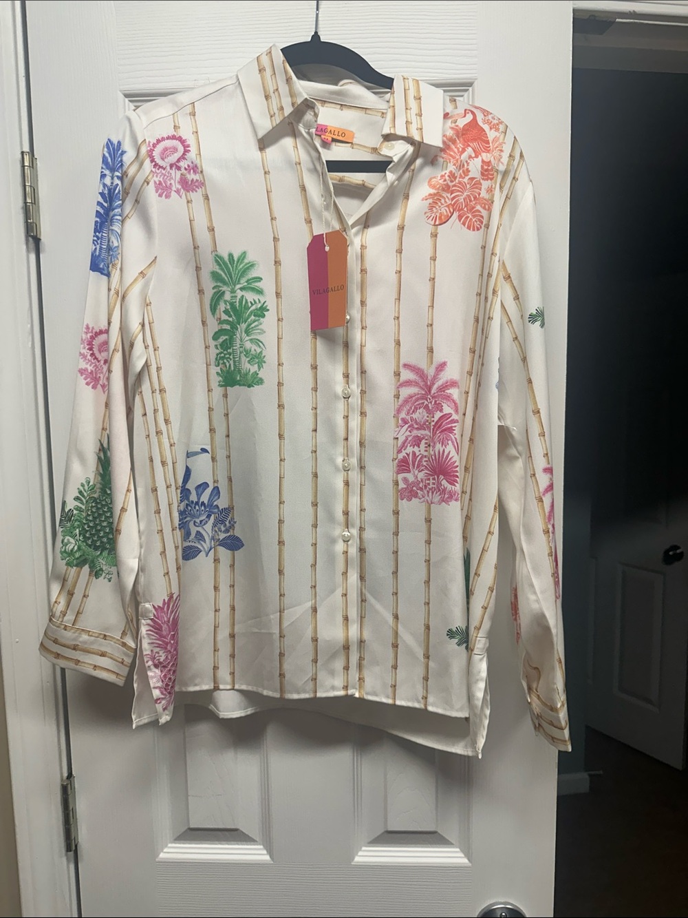 Vilagallo Ivory Tropical Print Silk Button-Up Shirt with Gold Bamboo Stripes